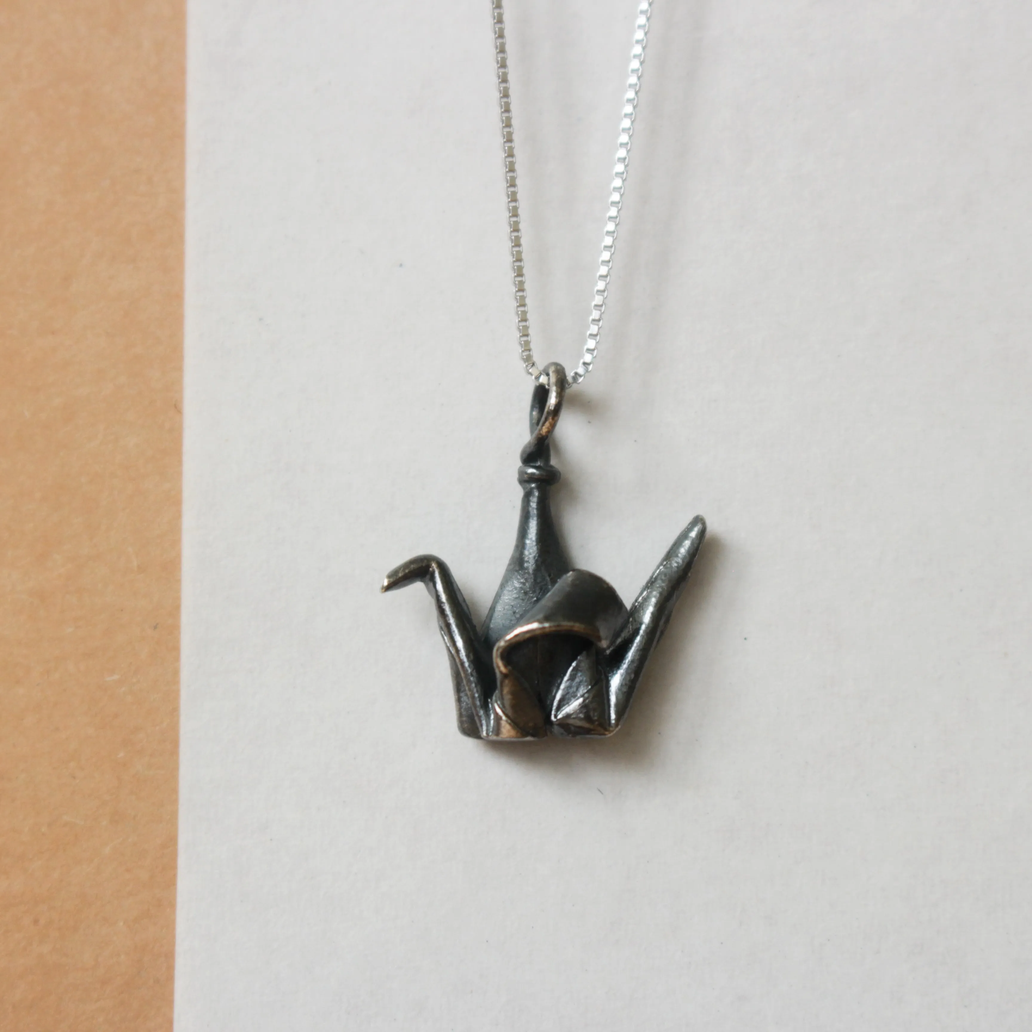 925 Black Silver Origami Crane Necklace