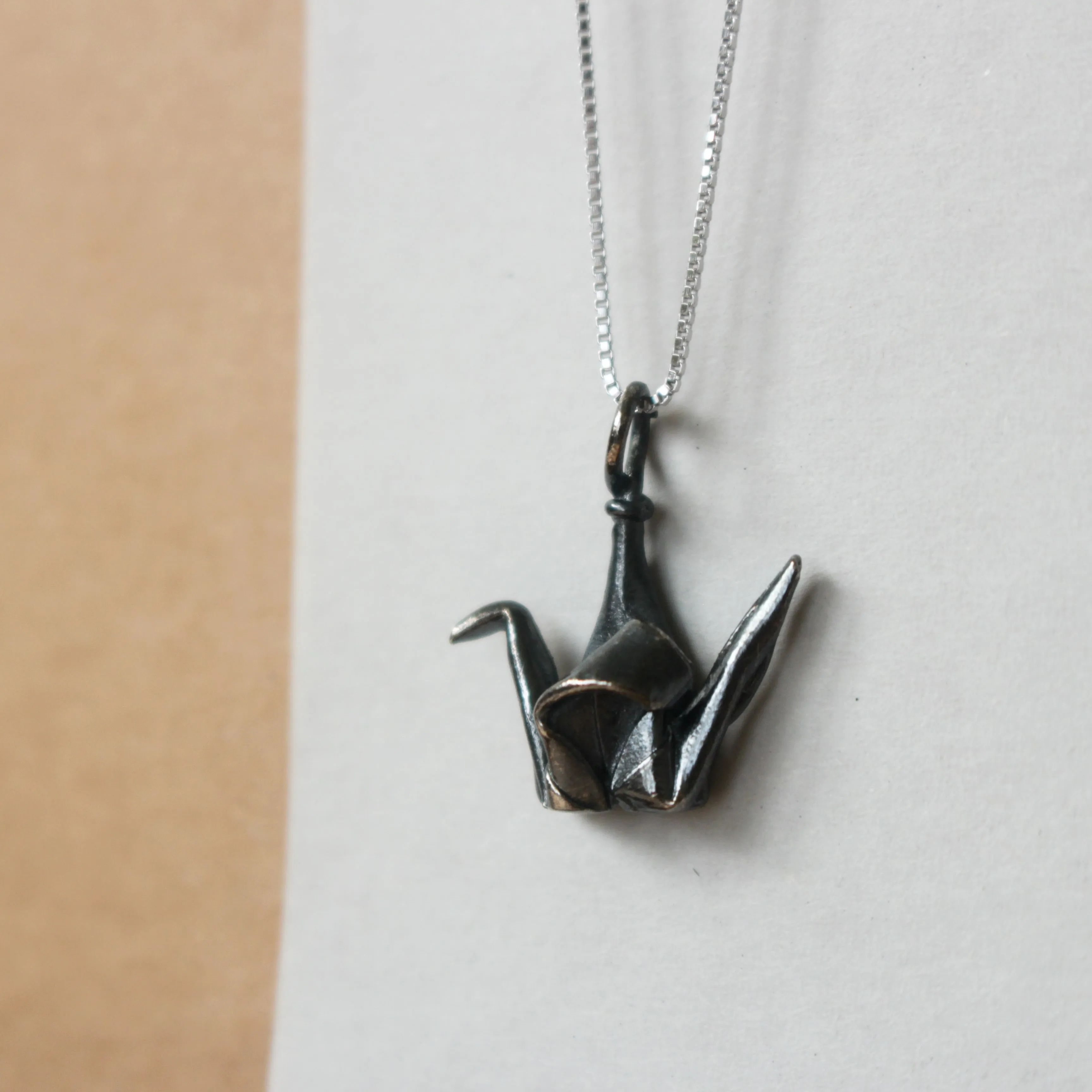 925 Black Silver Origami Crane Necklace