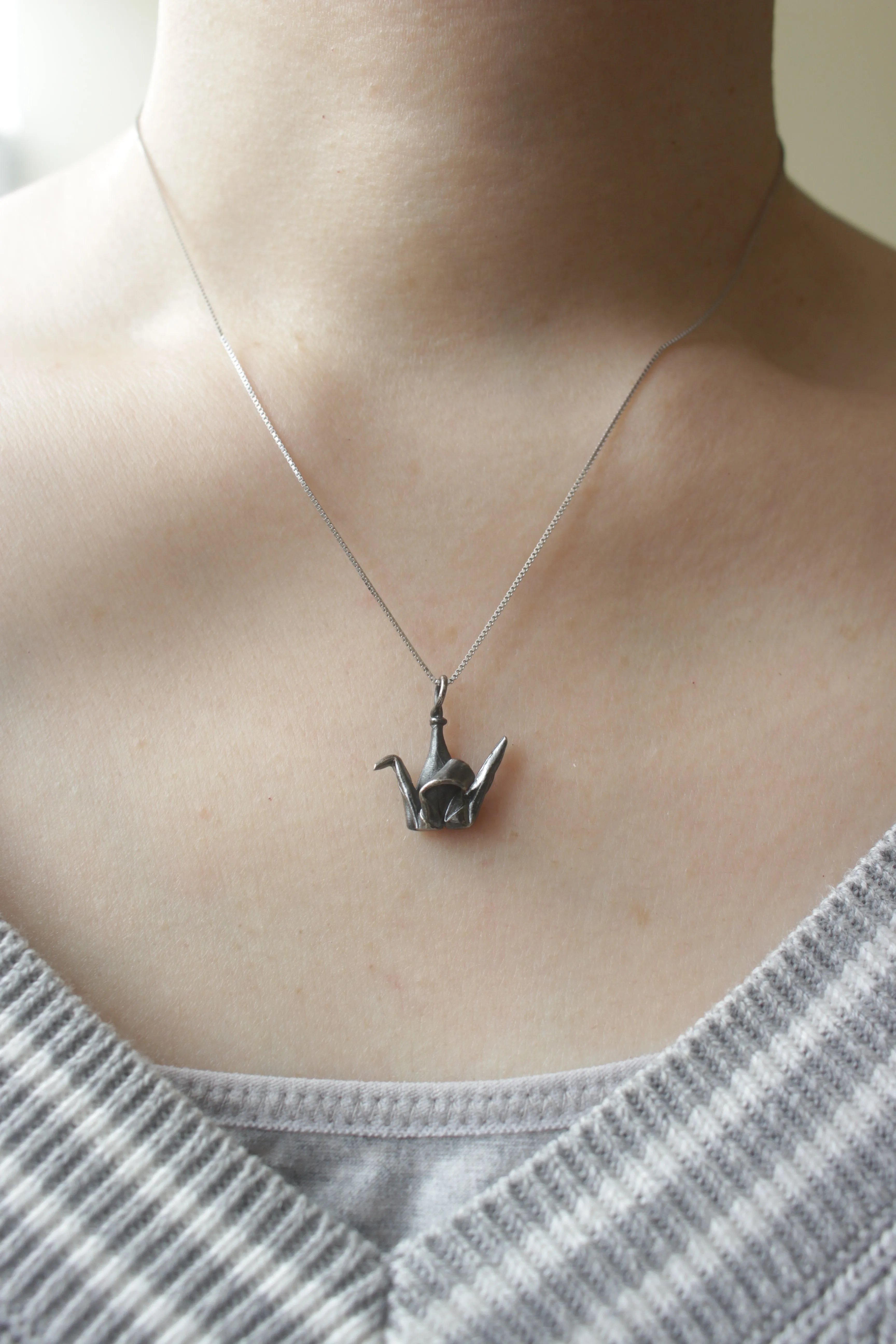 925 Black Silver Origami Crane Necklace