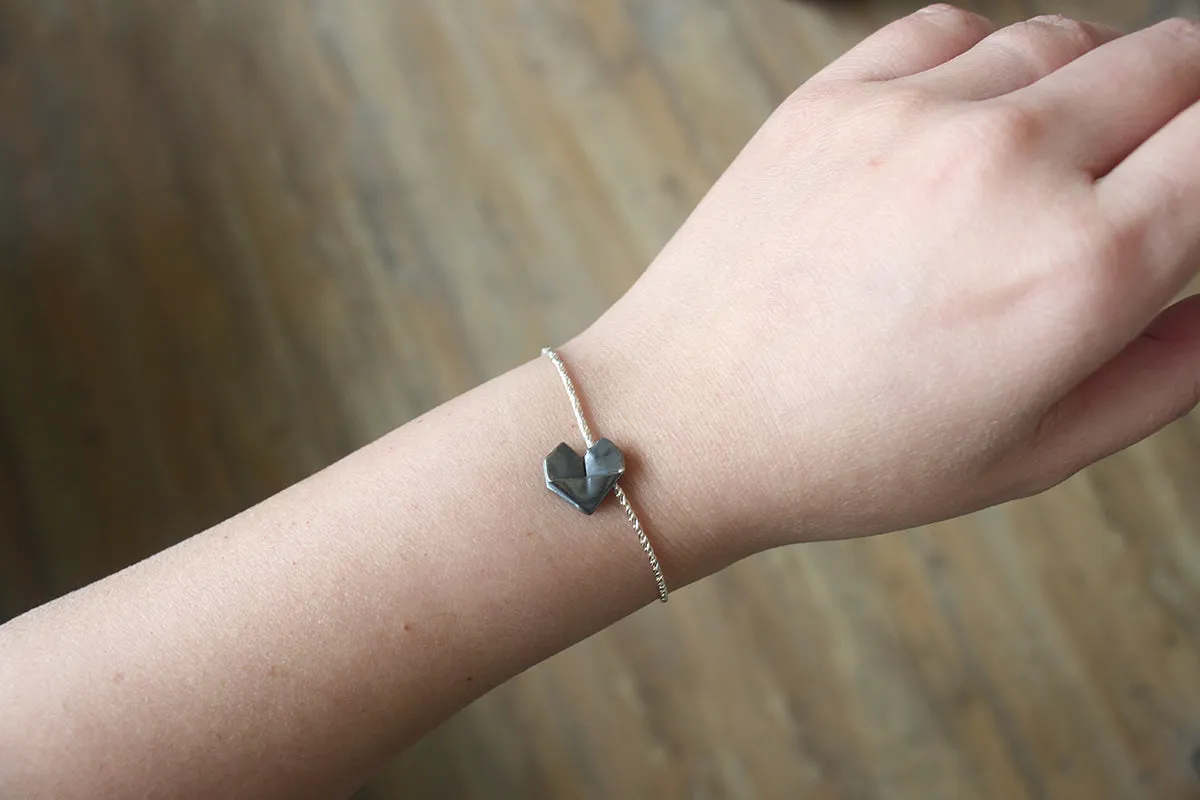 925 Black Silver Origami Heart Hand Strap (Personalised)