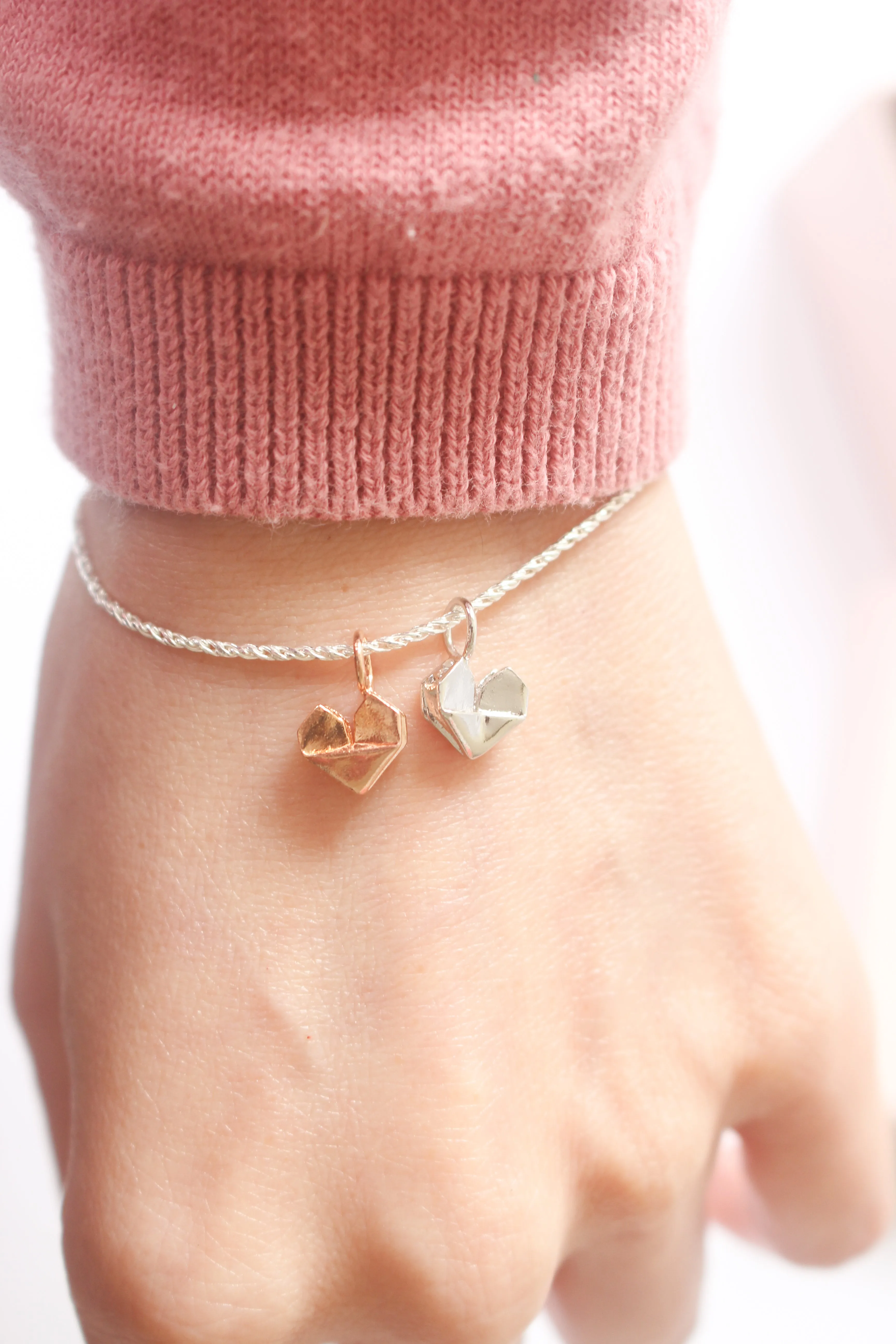 925 Silver and Rose Gold Plated Two Origami Hearts Thin Bracelet