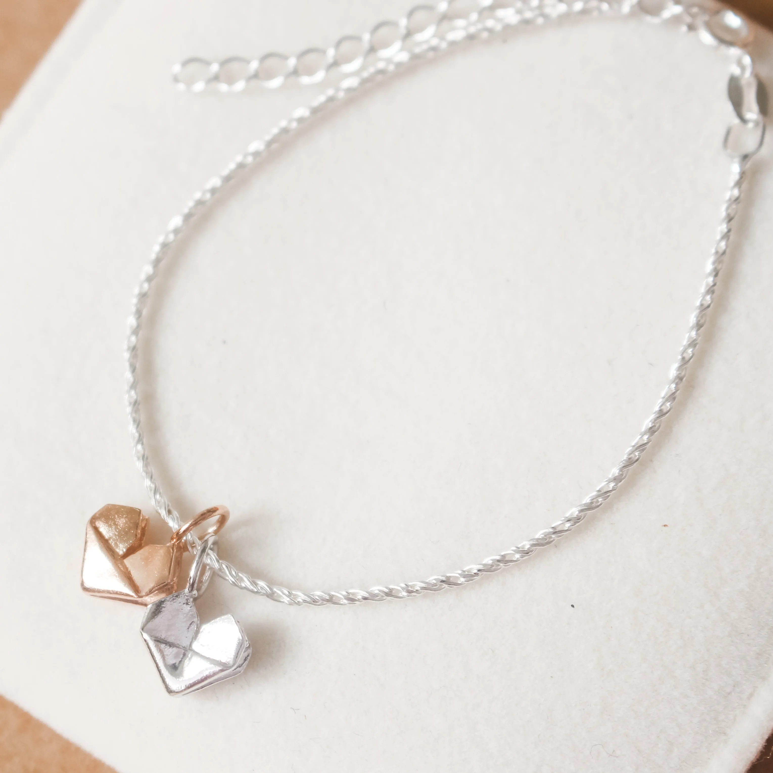925 Silver and Rose Gold Plated Two Origami Hearts Thin Bracelet