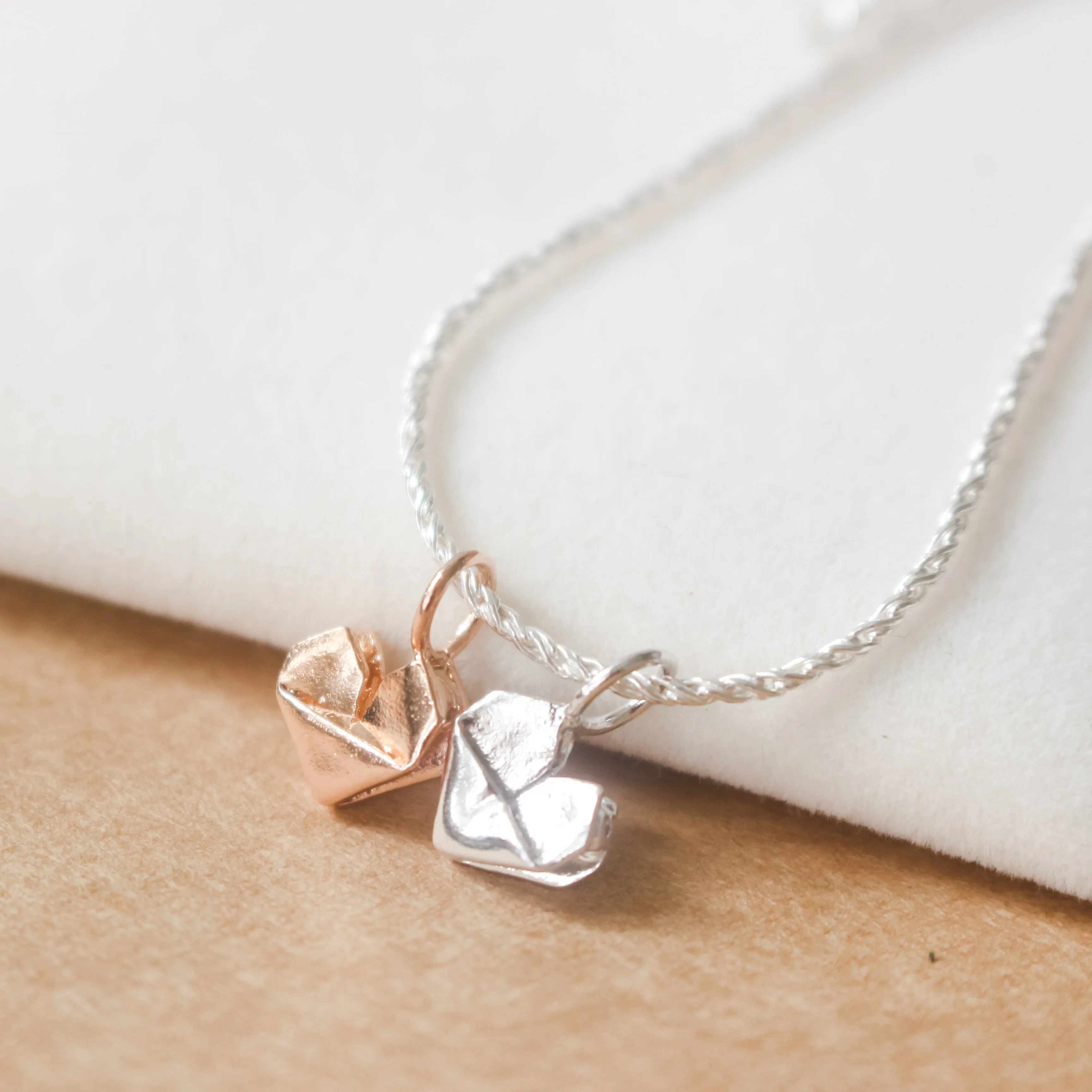925 Silver and Rose Gold Plated Two Origami Hearts Thin Bracelet