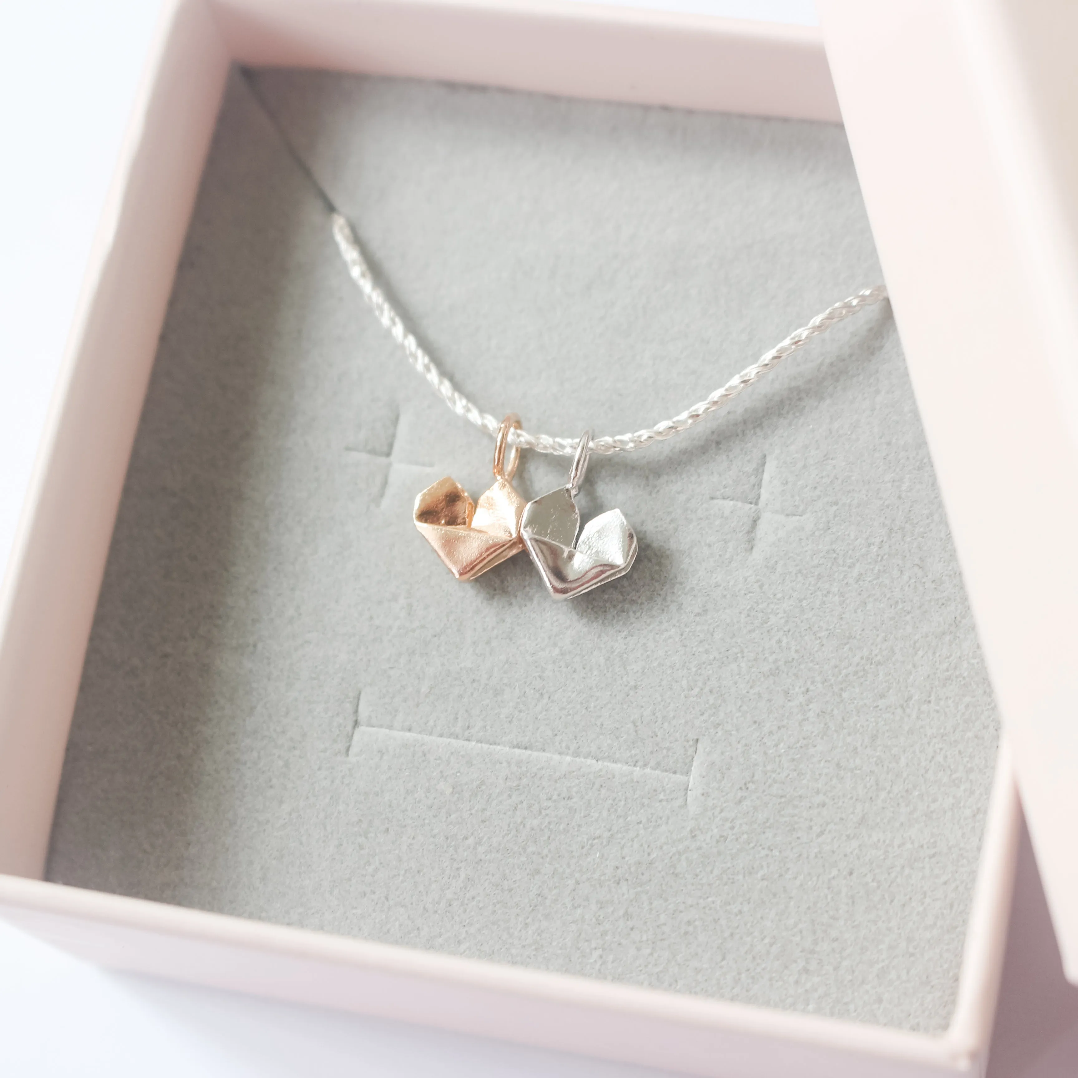 925 Silver and Rose Gold Plated Two Origami Hearts Thin Bracelet