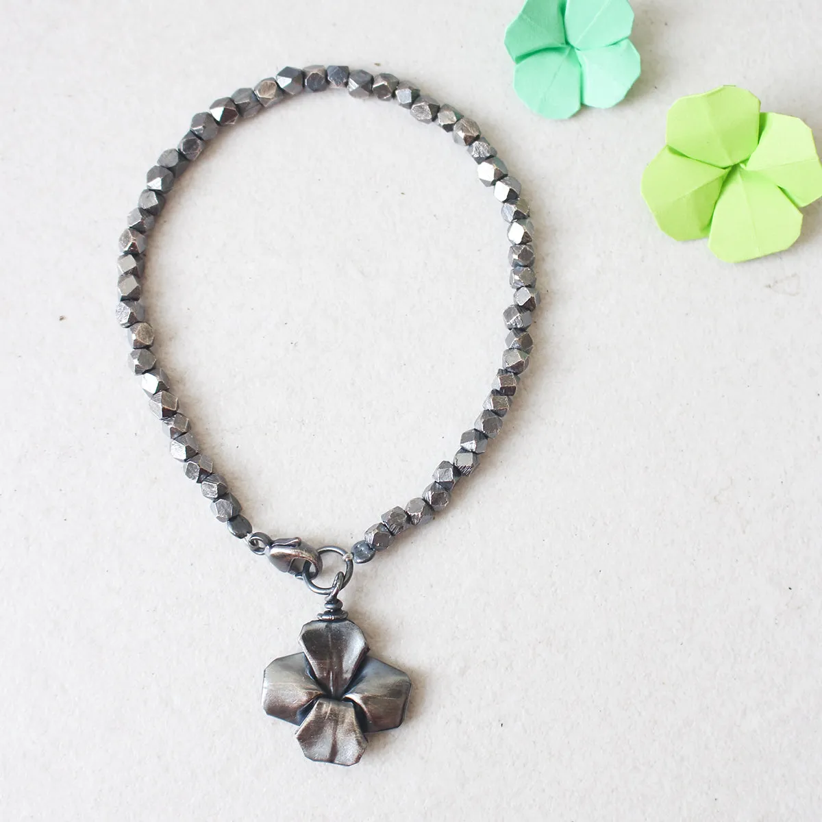 925 Silver Origami Clover Bracelet (Black Silver)