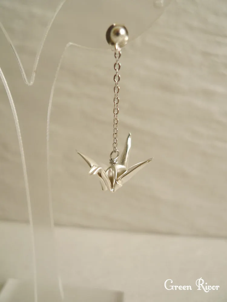 925 Sterling Silver Origami Crane Dangling Earrings