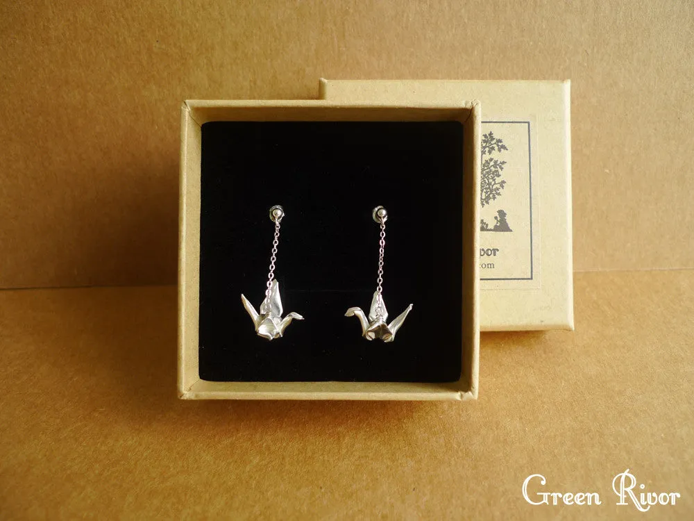 925 Sterling Silver Origami Crane Dangling Earrings