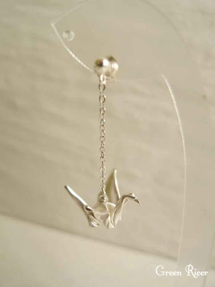 925 Sterling Silver Origami Crane Dangling Earrings
