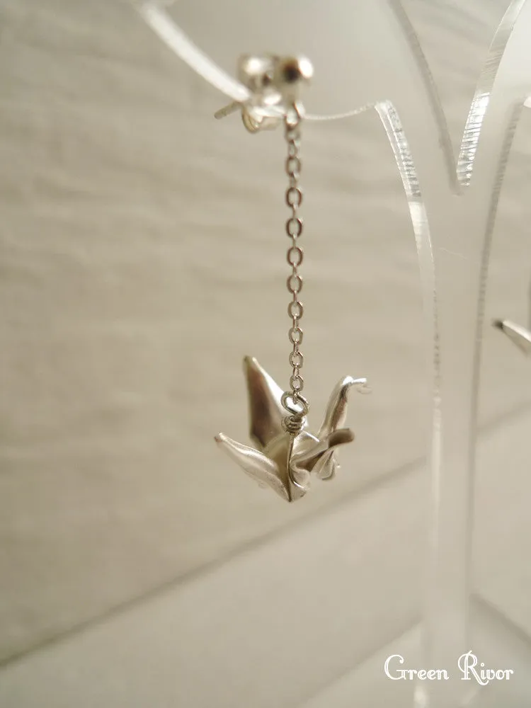 925 Sterling Silver Origami Crane Dangling Earrings