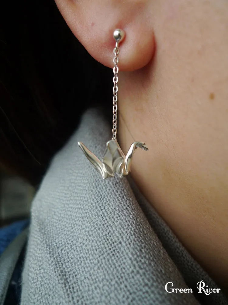925 Sterling Silver Origami Crane Dangling Earrings
