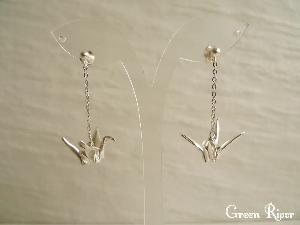 925 Sterling Silver Origami Crane Dangling Earrings