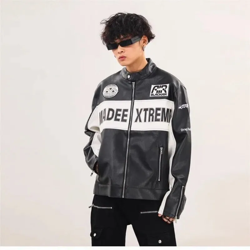 American Retro PU Leather Racing Zipper Motorcycle Jacket Unisex Embroidered Baseball Uniform Jacket Hip-hop Loose Couple Coat