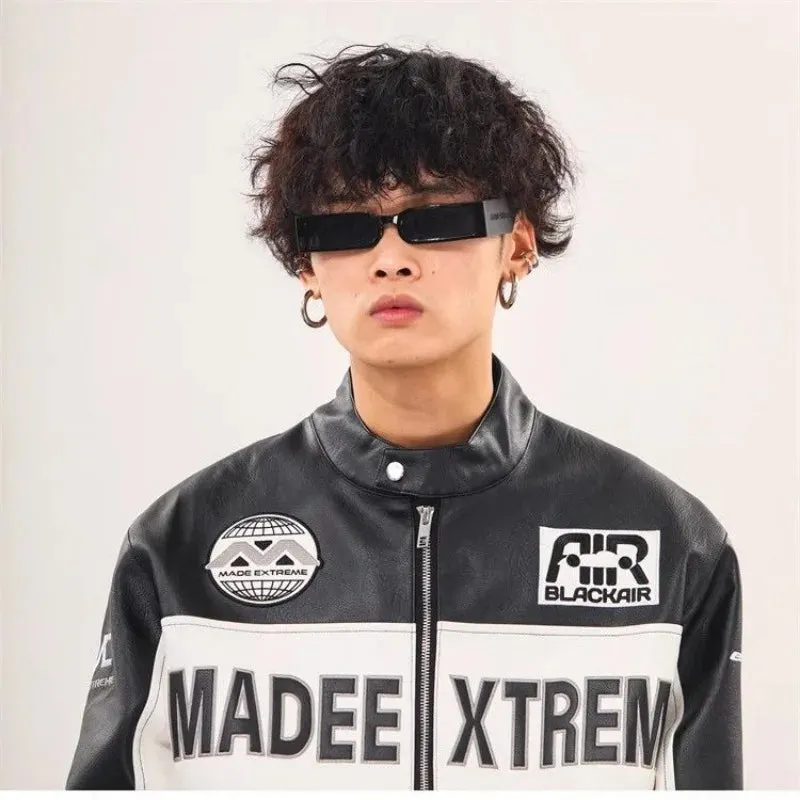 American Retro PU Leather Racing Zipper Motorcycle Jacket Unisex Embroidered Baseball Uniform Jacket Hip-hop Loose Couple Coat