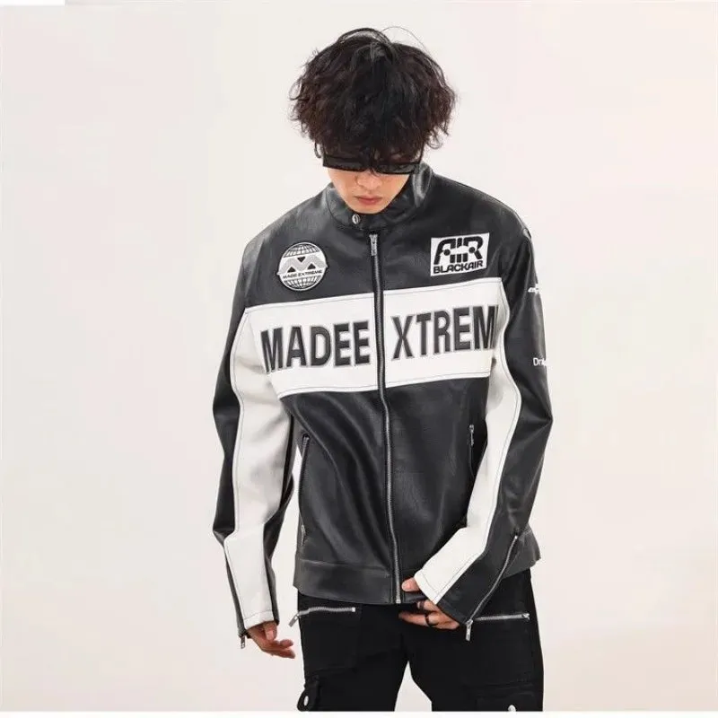 American Retro PU Leather Racing Zipper Motorcycle Jacket Unisex Embroidered Baseball Uniform Jacket Hip-hop Loose Couple Coat