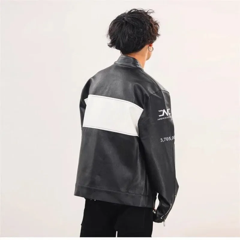 American Retro PU Leather Racing Zipper Motorcycle Jacket Unisex Embroidered Baseball Uniform Jacket Hip-hop Loose Couple Coat