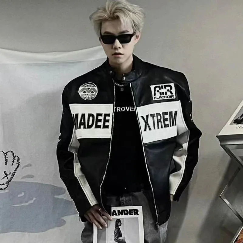 American Retro PU Leather Racing Zipper Motorcycle Jacket Unisex Embroidered Baseball Uniform Jacket Hip-hop Loose Couple Coat