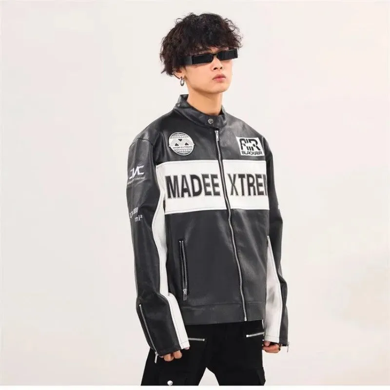 American Retro PU Leather Racing Zipper Motorcycle Jacket Unisex Embroidered Baseball Uniform Jacket Hip-hop Loose Couple Coat