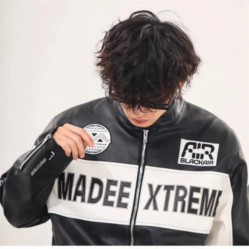 American Retro PU Leather Racing Zipper Motorcycle Jacket Unisex Embroidered Baseball Uniform Jacket Hip-hop Loose Couple Coat