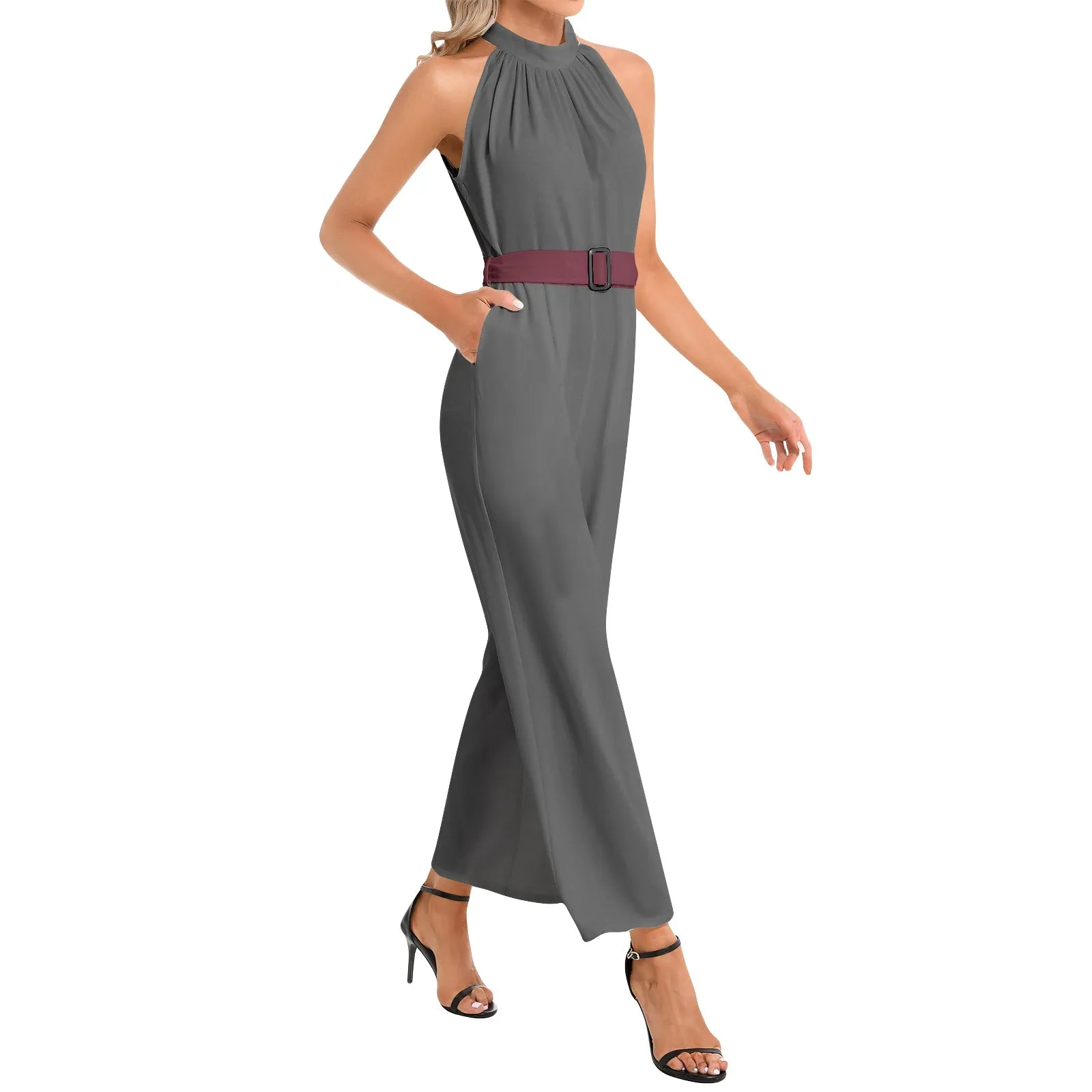 #CBANDZ Collection GREY/MAROON Halter Neck Buckle Belted Jumpsuit