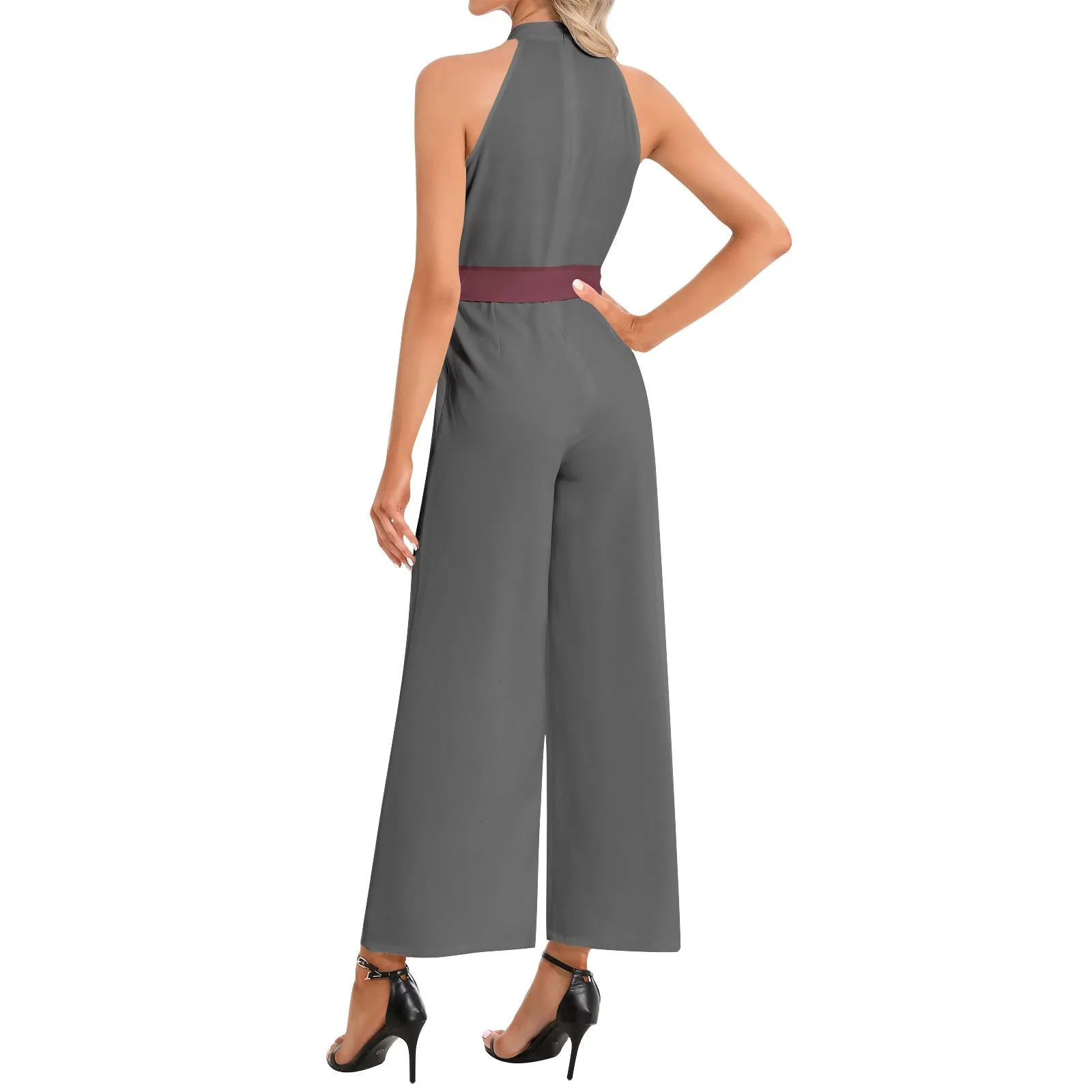 #CBANDZ Collection GREY/MAROON Halter Neck Buckle Belted Jumpsuit