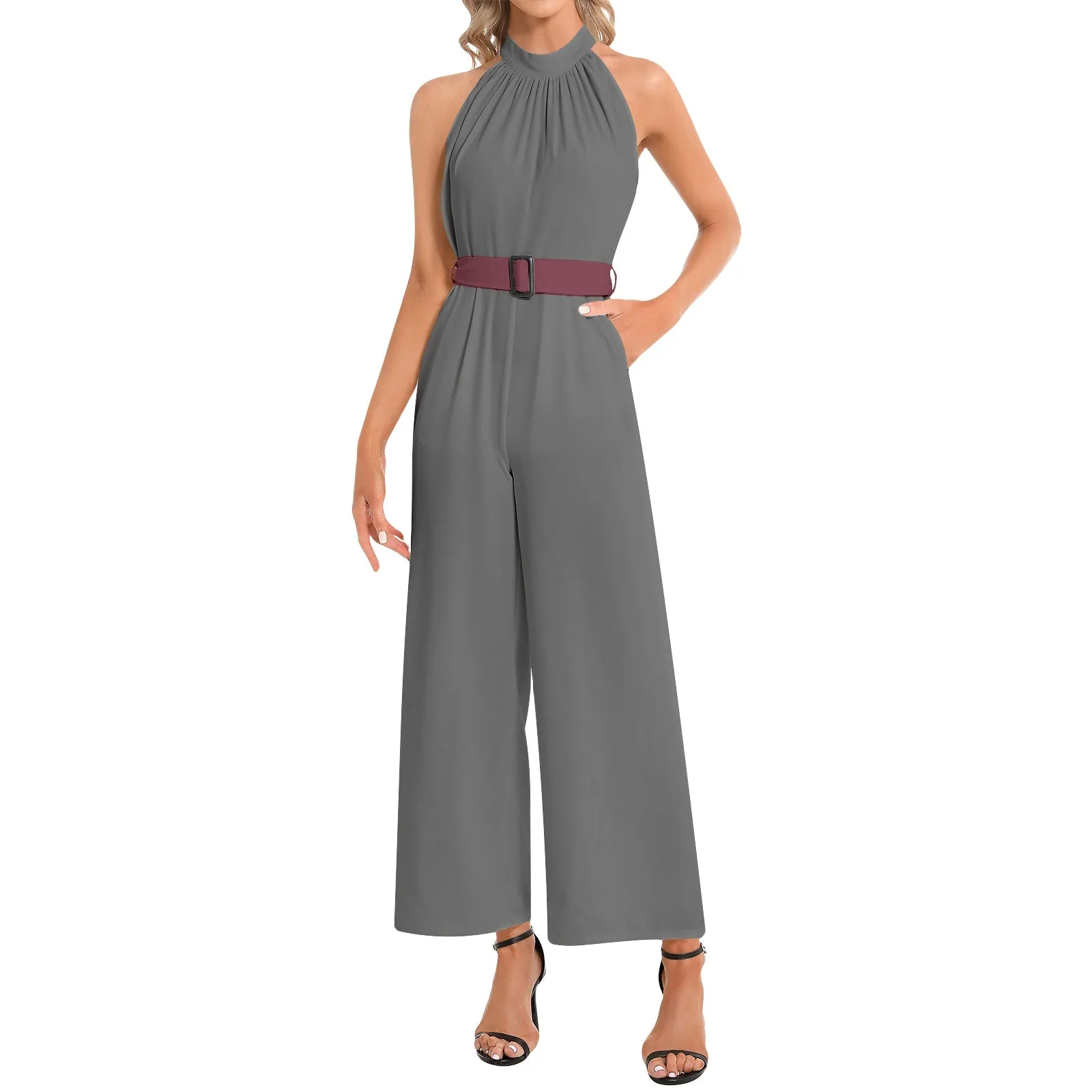 #CBANDZ Collection GREY/MAROON Halter Neck Buckle Belted Jumpsuit