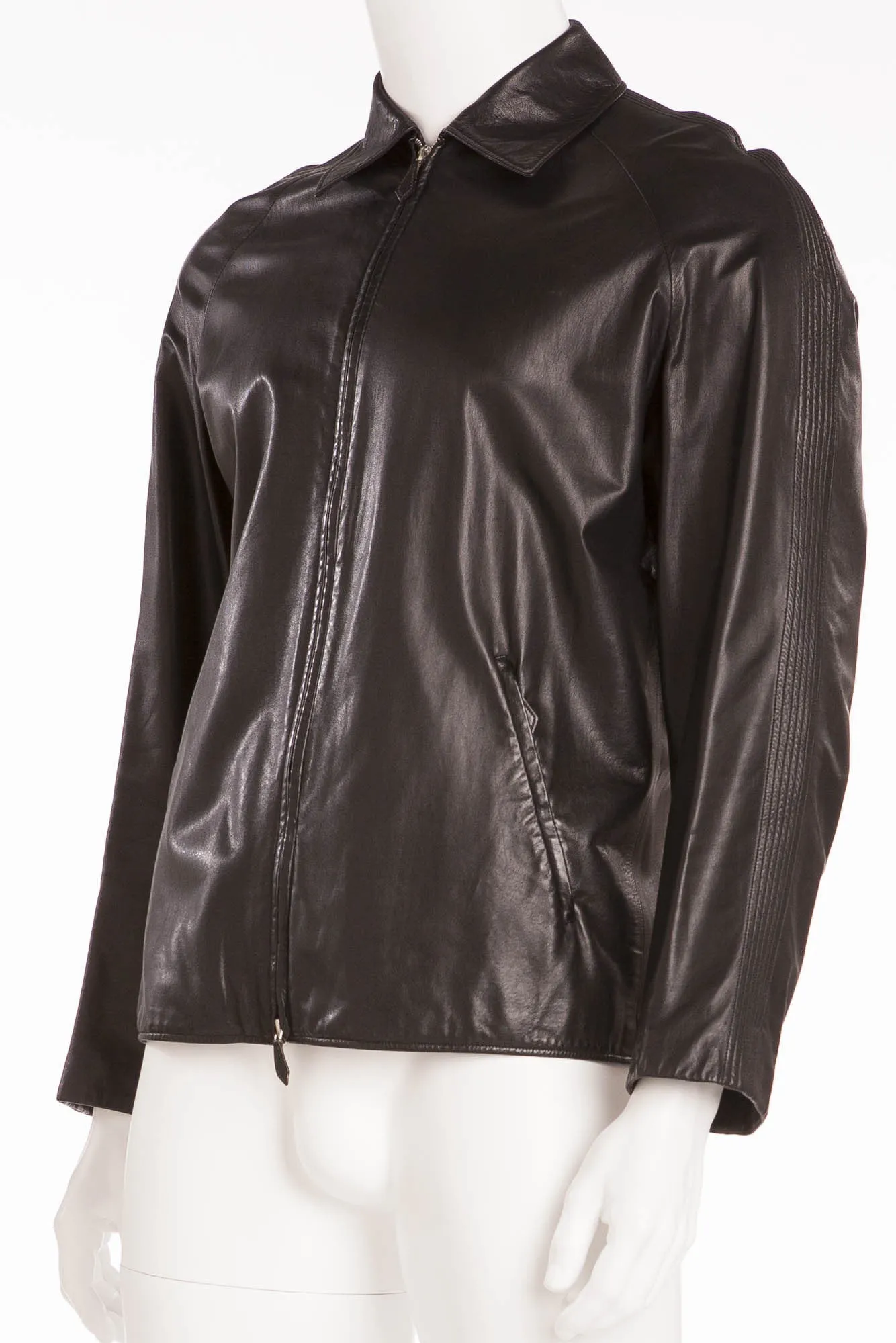 Hermes - Mens Black Lambskin Leather Zip Up Jacket - FR 54