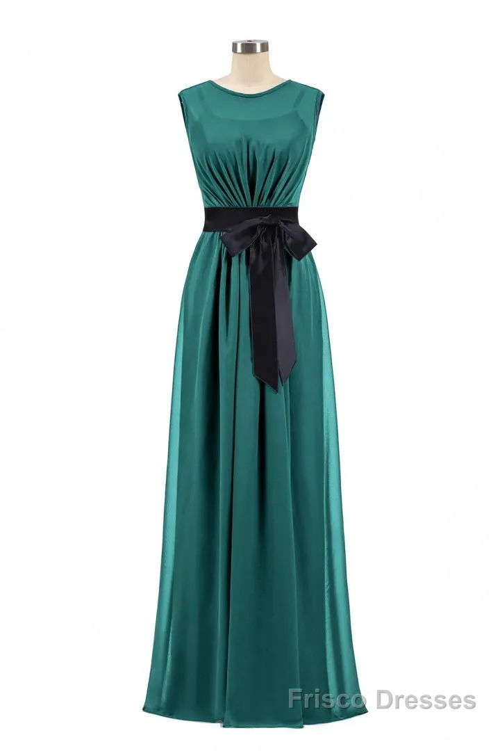 Hunter Green Crew Neck Belted Long Bridesmaid Dress