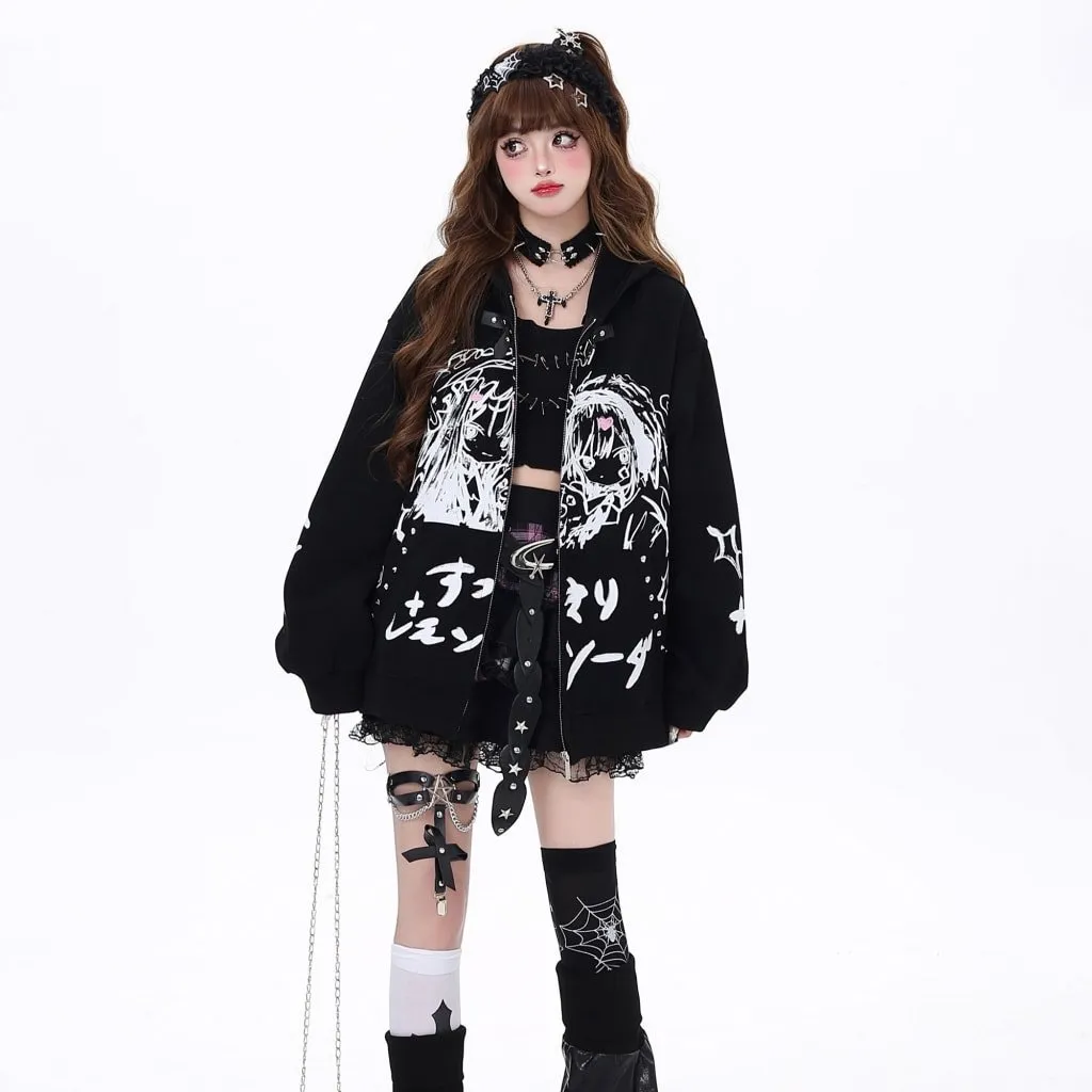 Japanese Dark Style Cartoon Comic Print Hooded Coat