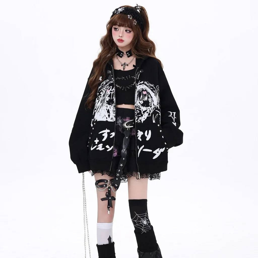 Japanese Dark Style Cartoon Comic Print Hooded Coat