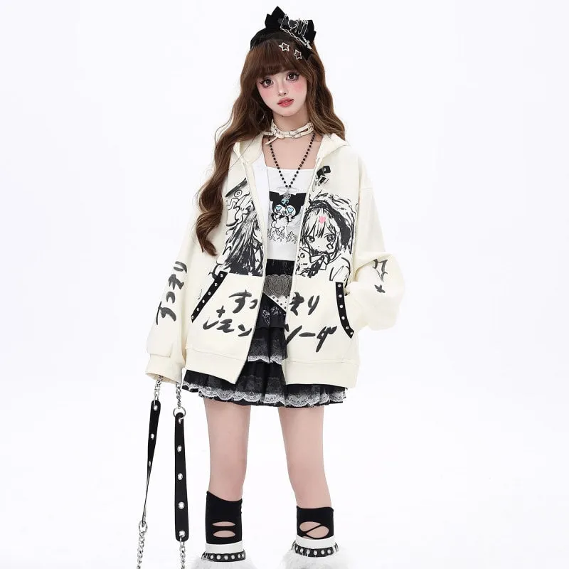 Japanese Dark Style Cartoon Comic Print Hooded Coat