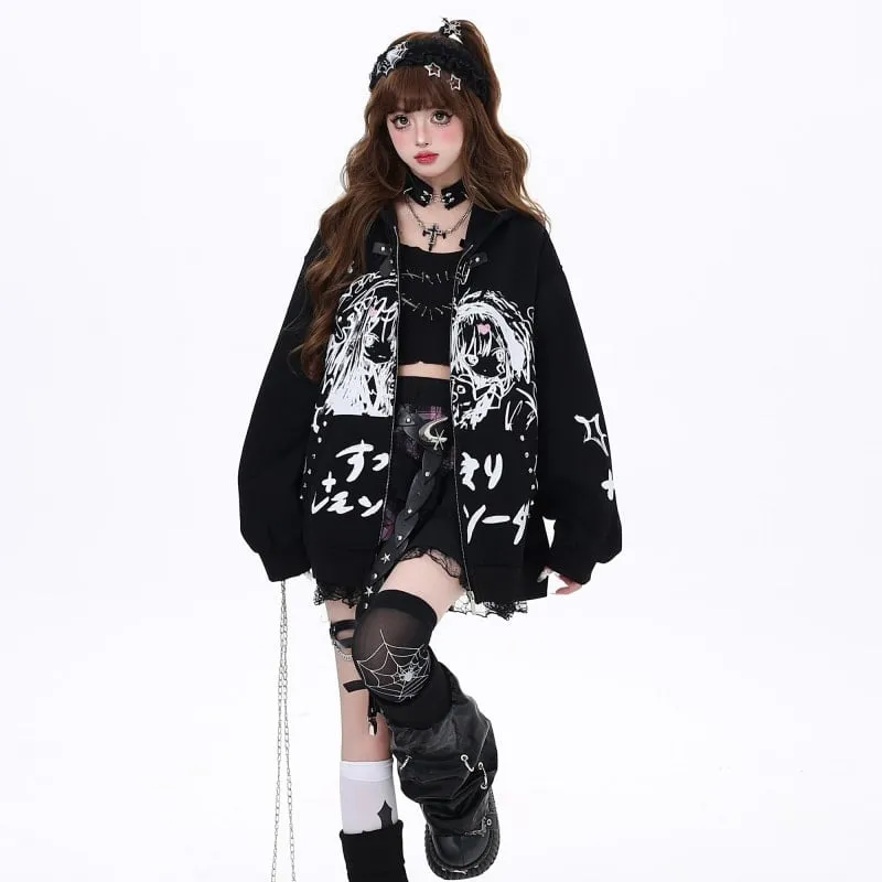 Japanese Dark Style Cartoon Comic Print Hooded Coat