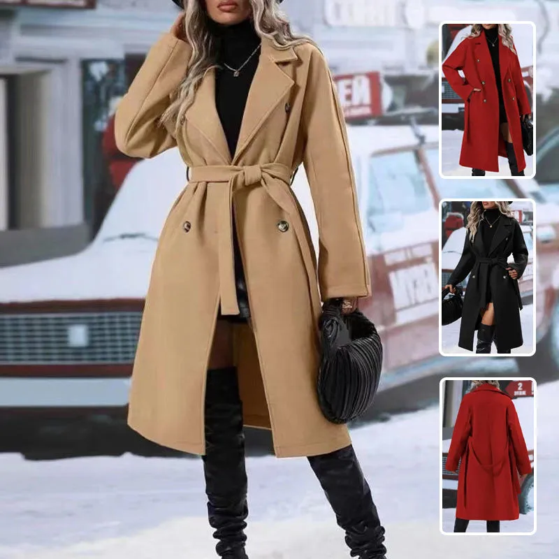 Lapel Double-breasted Trench Coat With Belt Winter