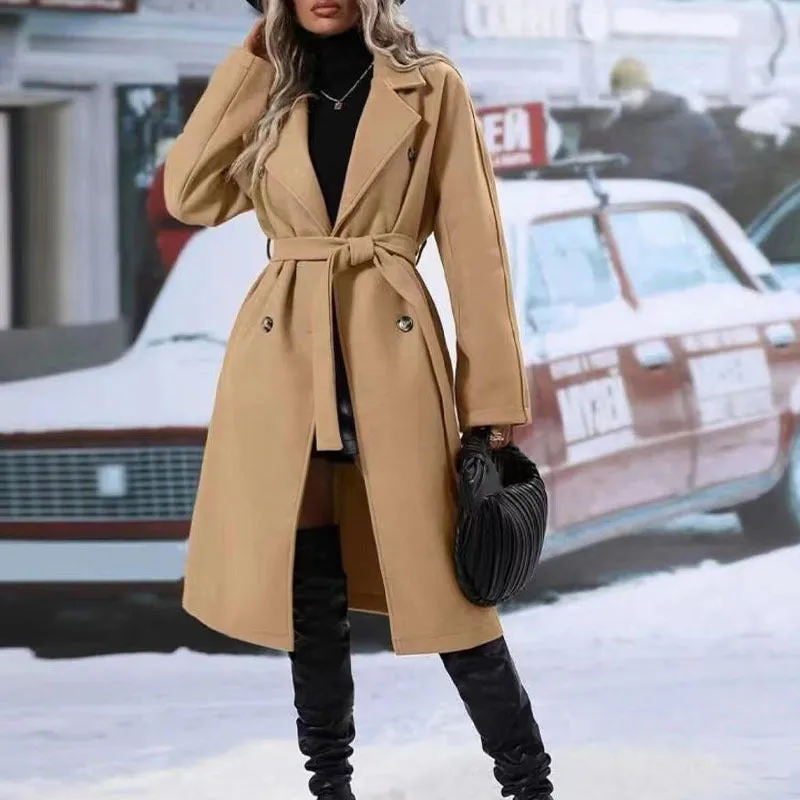 Lapel Double-breasted Trench Coat With Belt Winter