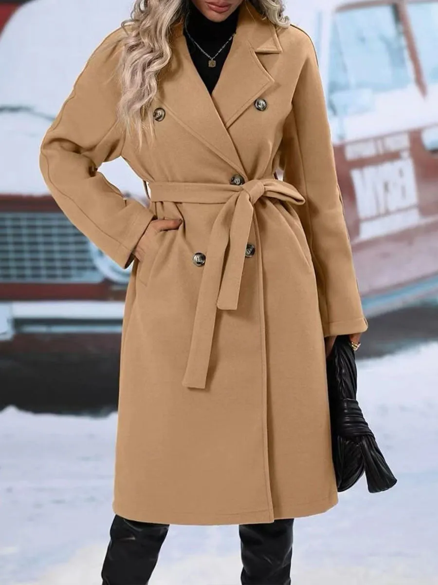 Lapel Double-breasted Trench Coat With Belt Winter
