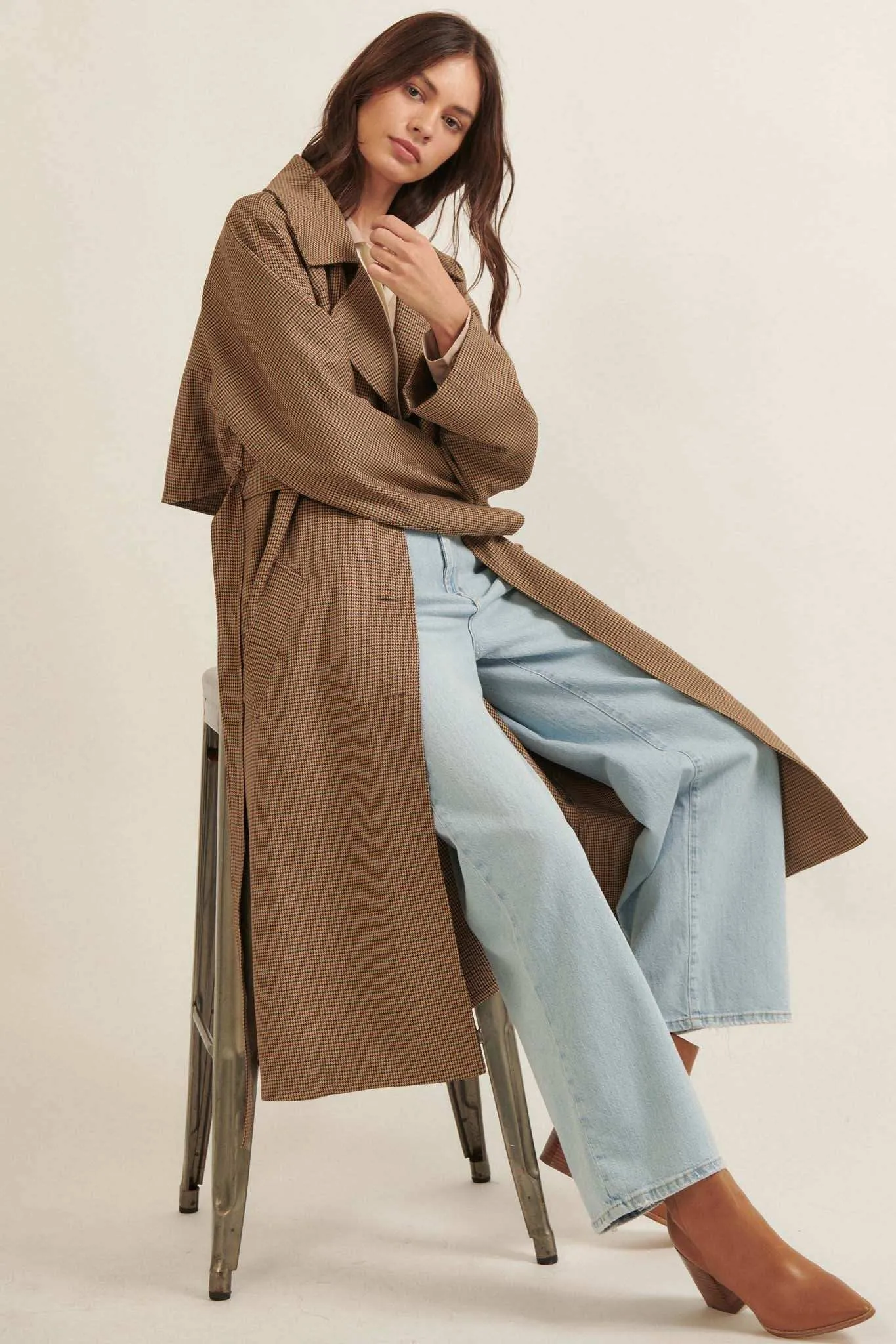 On the Case Houndstooth Belted Trench Coat