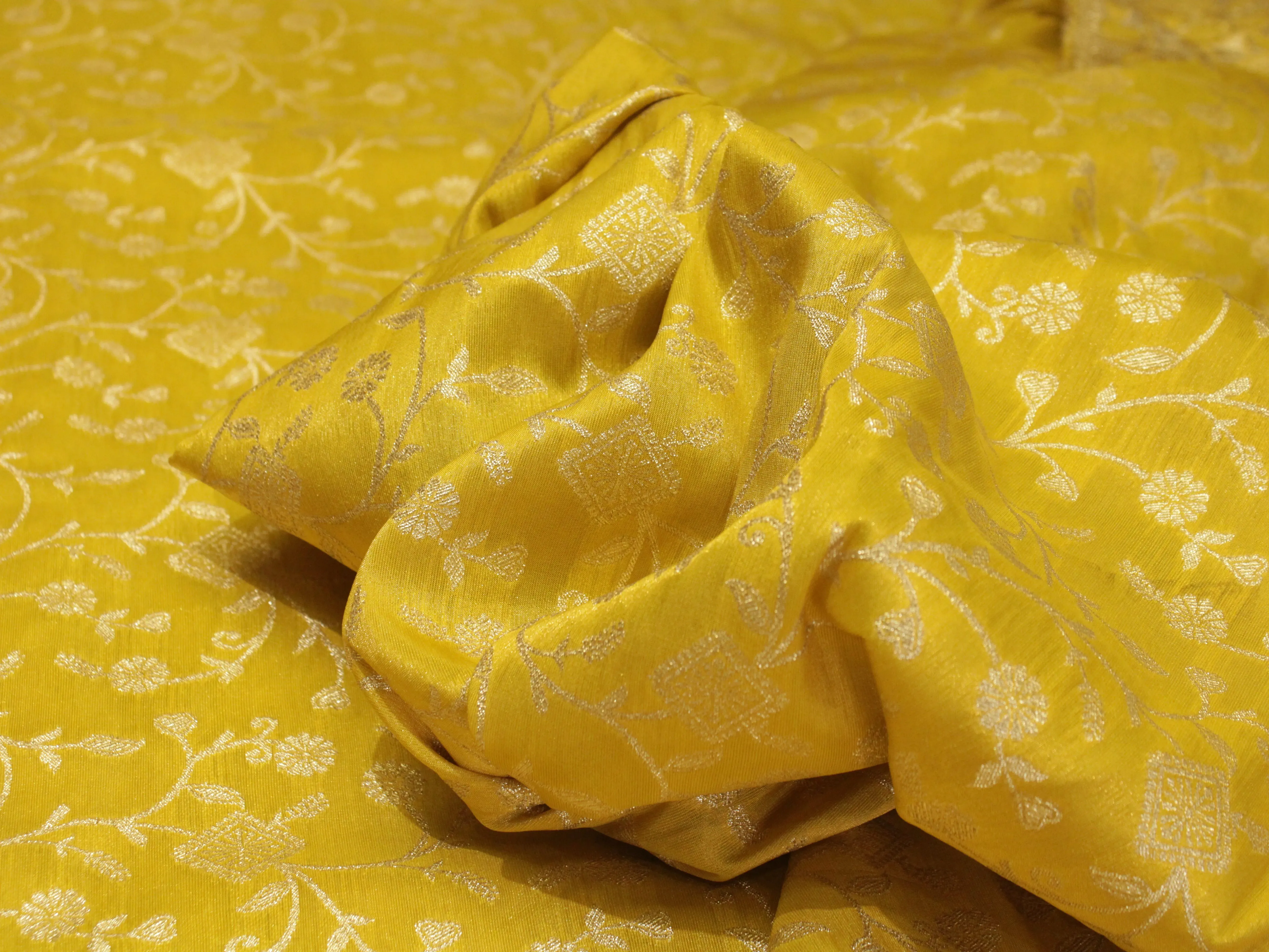 Premium Zari Jaal Woven Banarasi Tissue Fabric - Yellow
