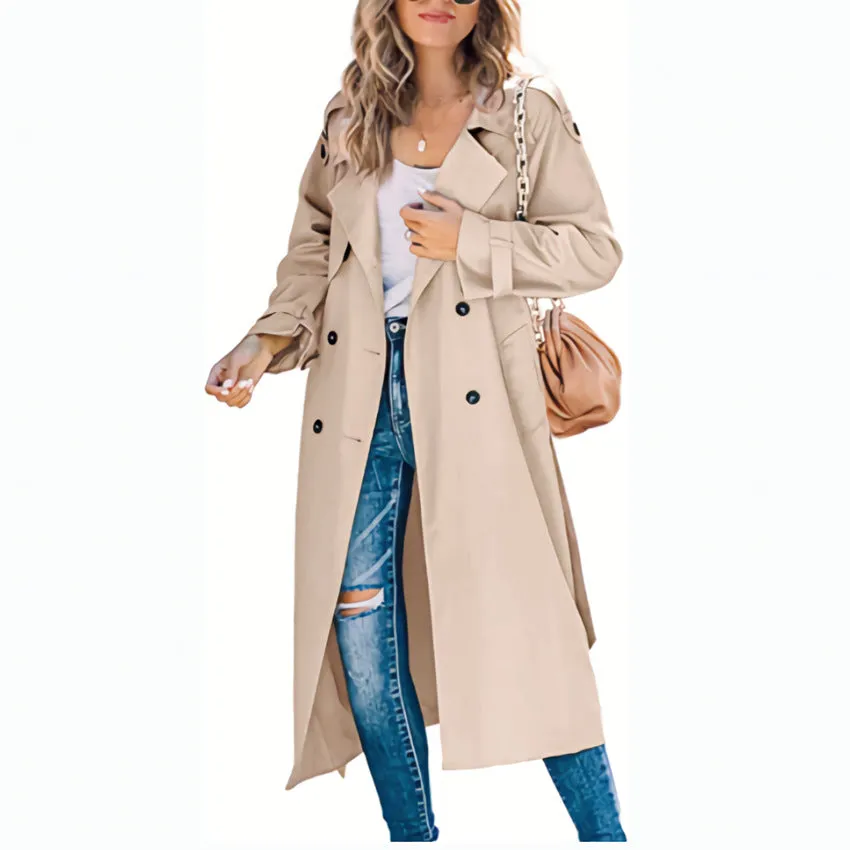 Theida - Klassieke revers lange trenchcoat Winddichte jas met riem