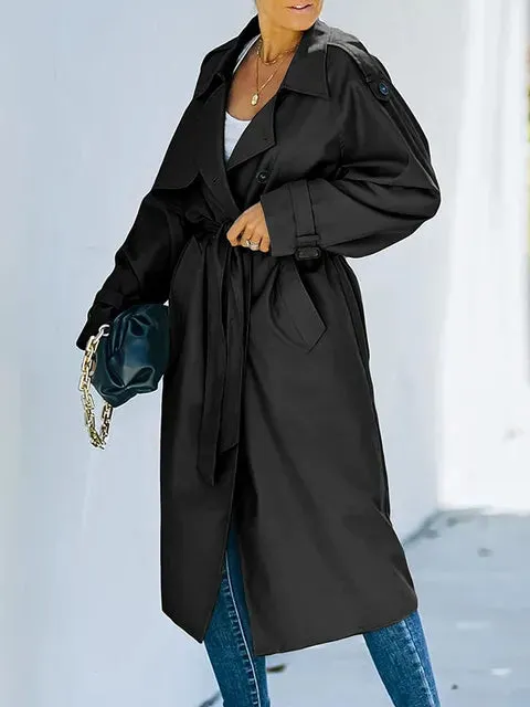 Theida - Klassieke revers lange trenchcoat Winddichte jas met riem